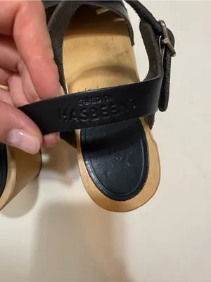Swedish Hasbeens Black Leather Braided Heeled Clog Ankle Strap Sandal Size 7 thumbnail 4