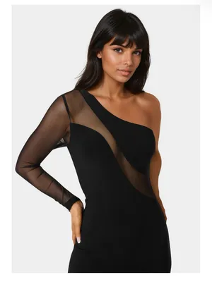 Bebe Women's One Shoulder Mesh Insert Midi Dress Black Dress Size L thumbnail 4