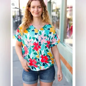 HAPTICS Teal & Coral Floral V Neck Top Super Soft Blouse Short Sleeve Tropical thumbnail 3
