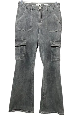 Forever‎ 21 Premium Womens High Rise Flare Cargo Jeans Washed Black Size 30 thumbnail 1