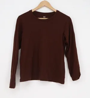 Uniqlo Womens Small Brown Long Sleeve Crew Neck Cotton Blend T-Shirt thumbnail 1