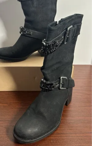 Vera Wang Lavender Label Uma Embellished Black Leather Moto Biker Boots Sz 7.5 thumbnail 1