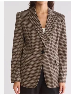 Max Studio London Houndstooth Blazer Women’s Small Tan Black Tailored Workwear thumbnail 6