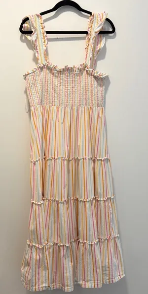 Crown & Ivy Women's Large Smocked Ruffle Strap Tiered Striped Midi Dress thumbnail 1