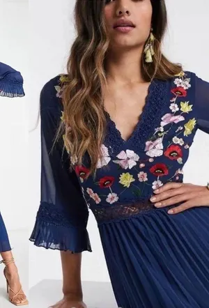 NWT ASOS Design Blue Floral Embroidered Lace Pleated Mini Dress Size 0 thumbnail 1
