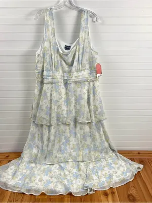 NWT Arula Eliana Tiered Floral Midi Dress Plus Size 1X Ivory Blue Tiered Shimmer thumbnail 4