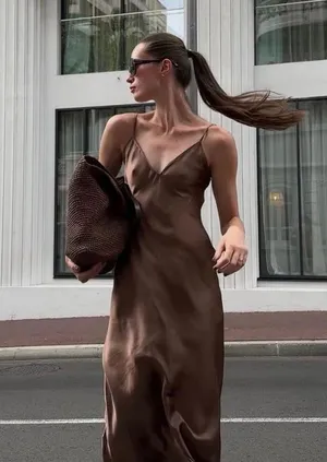 ZARA dress midi maxi satin wedding lingerie chocolate brown party cocktail thumbnail 4