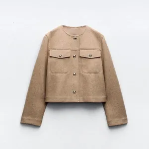 ZARA Cropped Jacket Light Brown Tan Gold Hammered Snaps Preppy Chic Small thumbnail 10