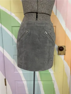 BLANKNYC Suede Leather A-Line Mini Skirt Fog Gray Moto Zip Pockets Sz 26 💚🎀 thumbnail 4