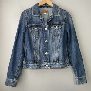 AEO American Eagle Denim Jacket Size Medium Blue Jean Coat Trucker Boho Cropped thumbnail 2