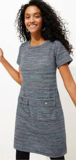 LOFT Tweed Button Pocket Short Shift Dress Blue Sz 12 thumbnail 1