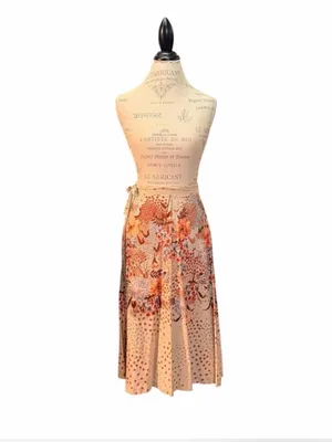 Orange, Brown, and Beige Floral Print A-Line Midi Wrap Skirt thumbnail 7