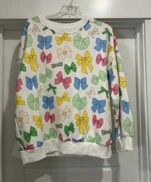 Oversized Long Sleeve Sweatshirt Women Bow Print Coquette Neon Crewneck Size XL thumbnail 1