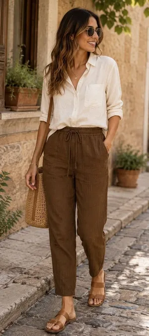 Zara‎ Brown Textured Drawstring Pants Elastic Waist Tapered Women's M thumbnail 1