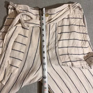 HALSTON Women's Wide Leg 100% Linen Pants Cream Navy Stripe Tie‎ Waist Size 10 thumbnail 3