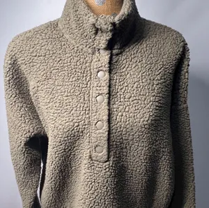 Aerie teddy bear Sherpa fleece 1/4 snap sweatshirt olive green medium thumbnail 2