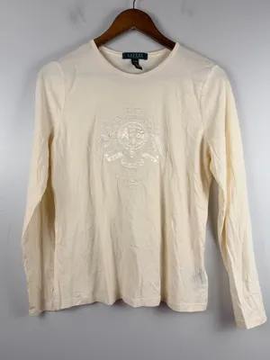 Lauren Ralph Lauren cream long sleeve beaded embellished top size petite medium thumbnail 1