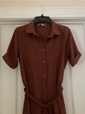 Women's Rust Collared Midi Shirt Dress with Waist Tie thumbnail 6