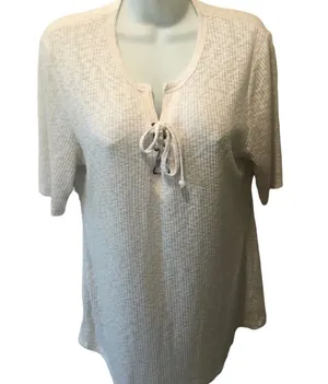 BKE Off White Lace Up Ribbed SS Casual Stretch Shirt Size XL Fall Fashion thumbnail 1