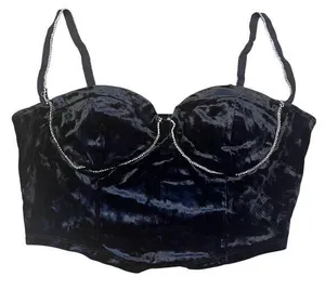 Meraki Velvet Rhinestone Crop Top Corset Size XL Black Smocked NWOT thumbnail 1