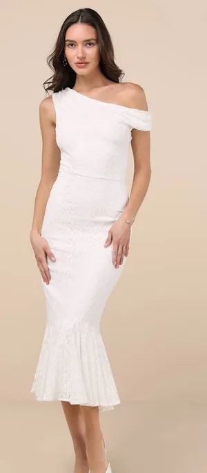 NWT Lulus Nadie White Lace Asymmetrical Midi Dress Bridal Bride Wedding Size M thumbnail 1