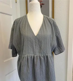 A New Day Sage Green Textured Peplum Blouse | V-Neck Short Sleeve | Size M thumbnail 1