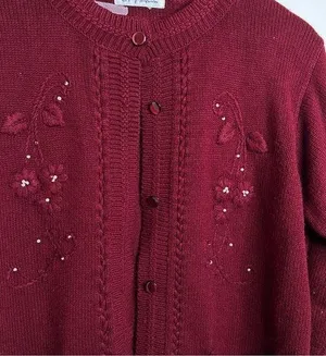 VTG Cardigan Sweater Maroon floral tonal embroidery Pearl bead details Grannycor thumbnail 2