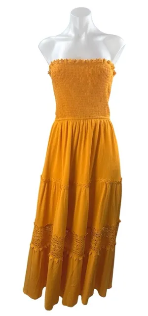 Zesica Smocked Tiered Crochet Sleeveless Tube Bandeau Maxi Flare A-Line Dress S thumbnail 1