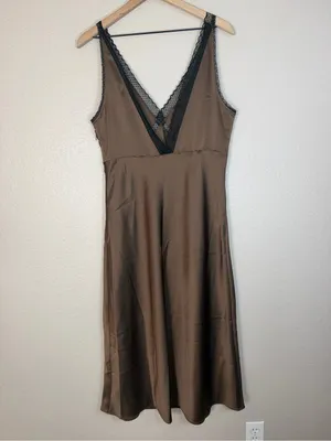 House Of Harlow 1960 Brown Satin Maxi Dress With Black Lace Trim size Large $198 thumbnail 7