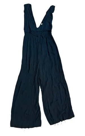 Free People Black Wide Leg Jumpsuit Deep V Neck Boho Flowy‎ Silhouette Sz S thumbnail 1