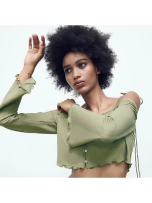 Zara Flowy Tank Top Tie Shoulders Spaghetti Straps Long Sleeve Green Sz M thumbnail 2