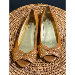 Michael Michael Kors Tan Leather Studded Bow Peep Toe Flats Brown Gold 6.5M thumbnail 2
