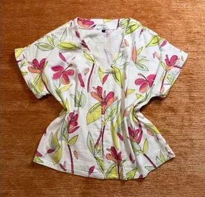 Michelle McDowell Floral Short Sleeve Top White Multicolor Women’s L thumbnail 1