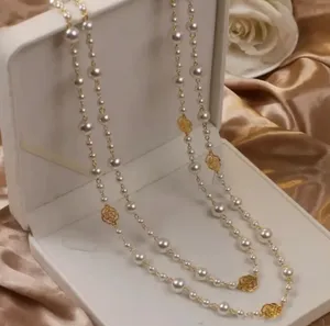 Elegant Gold and Pearl Long Necklace thumbnail 2