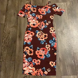 ADC Floral Off Shoulder Bodycon Midi Dress Small Maroon Pink Blue thumbnail 5
