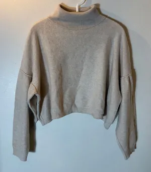 Free People Cashmere Oatmeal Cropped Turtleneck Sweater Boxy Fit‎ Size Small thumbnail 1