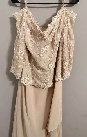 David's Bridal F2951P Formal Gown Womens 18 Champagne Lace Cold Shoulder Maxi thumbnail 1