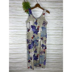 Vintage Quirky Roses and Postcards Print Linen Blend Sleeveless Dress thumbnail 2