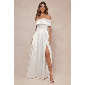 NWT Lulus Greatest Hits White Satin Off-the-Shoulder Maxi Dress Bridal Wedding S thumbnail 3