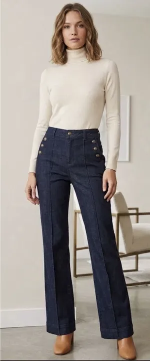 Rachel Zoe Womens High Rise Sailor Jeans Dark Wash Gold Button Boot Cut Size 4 thumbnail 1