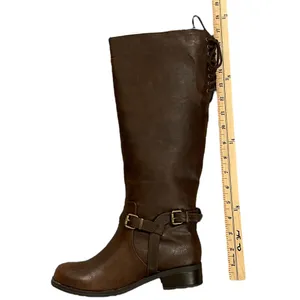 SODA Brown Knee High Faux Leather Rear Lacing Boots NIB - Size 6 thumbnail 13