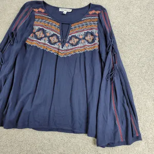 Abercrombie & Fitch Womens Boho Top M Blue Embroidery Tie Flowy Sleeves Keyhole thumbnail 6
