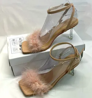 Pink Feathered Heels Women 7.5-8 39 Pink/Beige Strappy‎ Transparent Heel Elegant thumbnail 1