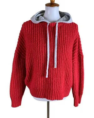 Offline By Aerie Red Knit Hoodie Sweater Chunky‎ Cozy Pullover M thumbnail 1