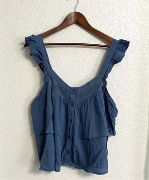 American Eagle Womens Shirt Top Blue Tiered Ruffle Button Front Size XL thumbnail 1