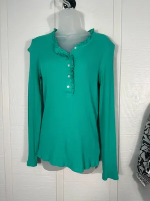Lilly Pulitzer Green Ribbed Top with Ruffle Neckline Size Large EUC thumbnail 2