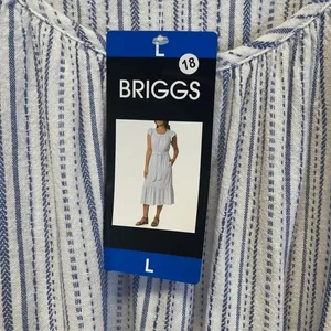 BRIGGS Linen Blend Midi Dress L Blue Striped Flutter Sleeve Belted NWT Coastal thumbnail 2