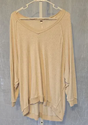 Free People Oversized V-Neck Pullover Sweatshirt in Light Beige thumbnail 1