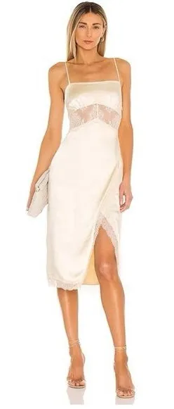 Song of Style Mala Satin Slip Lace Inset Midi Dress Pearl Beige Small Revolve thumbnail 1