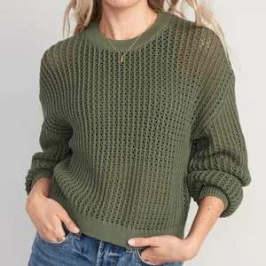 Old Navy Women’s Long-Sleeve Cropped Crochet Sweater Rib Knit Weeping Willow M thumbnail 1